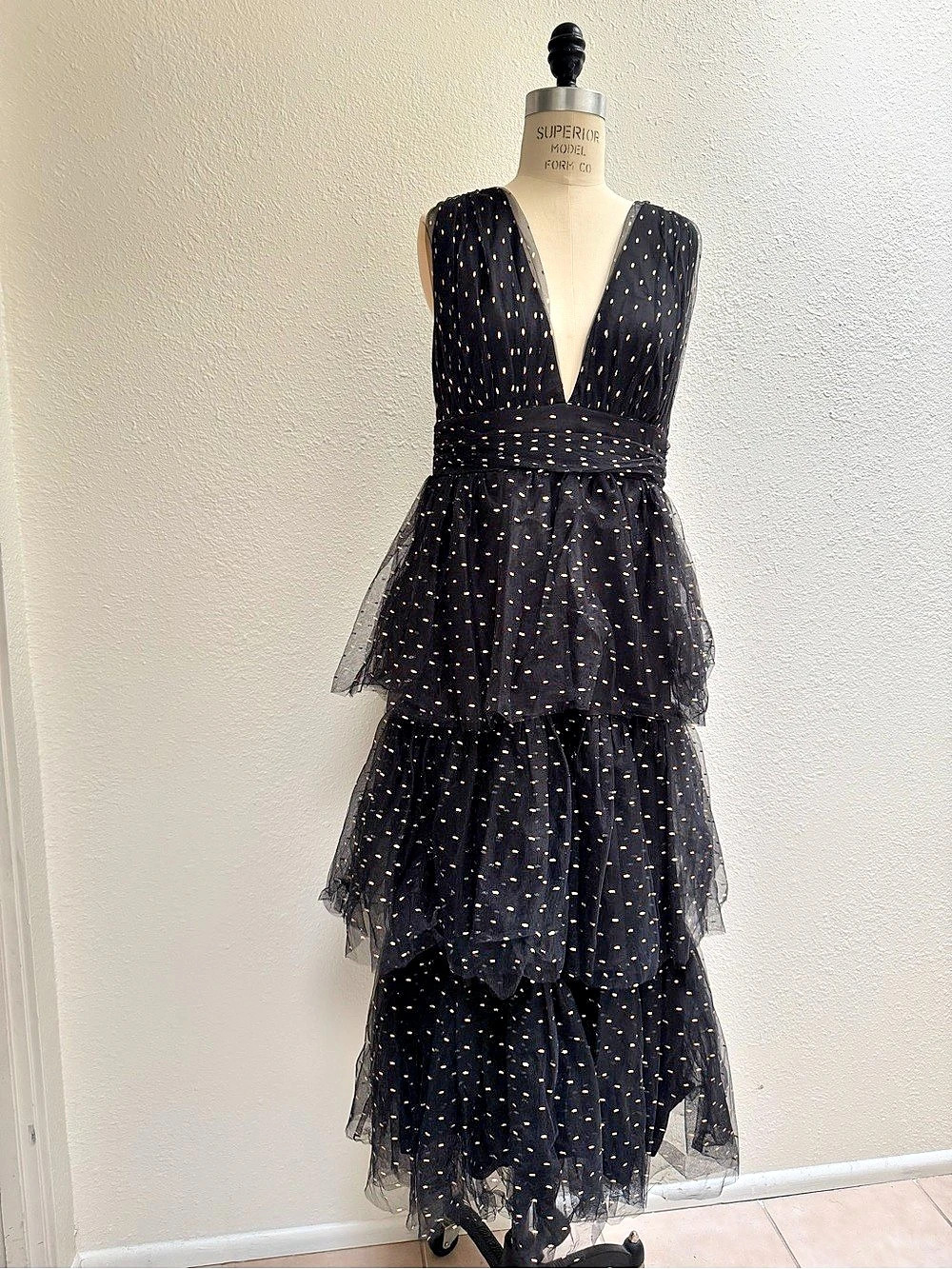 Lulus Decadent Impression Black Tulle Tiered Shiny Dot Midi Dress & Gold Tulle